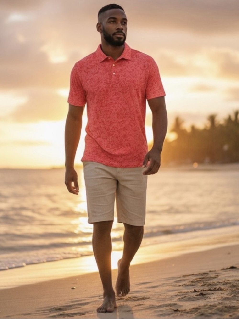 🌺 Crémeux Performance Polo Shirt Men’s XL Coral Red Floral Tonal Pattern